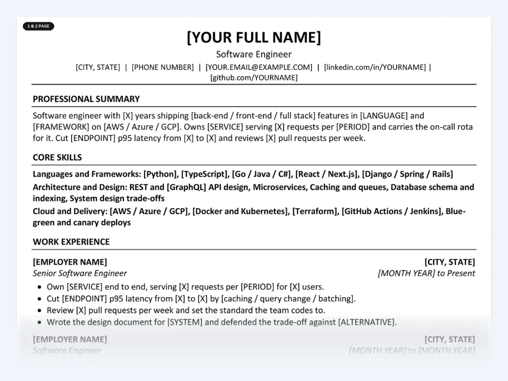 Software Engineer resume template, one page, ATS-friendly layout