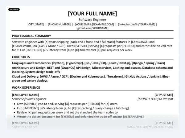 Software Engineer resume template, one page, ATS-friendly layout