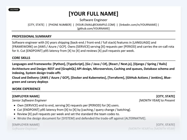One-page software engineer resume template from the Disruptive Templates software engineer kit