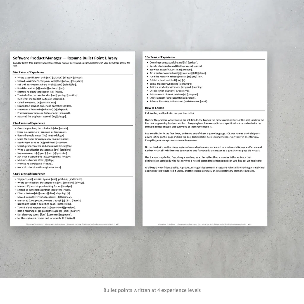 Software Product Manager resume bullet points written at four experience levels