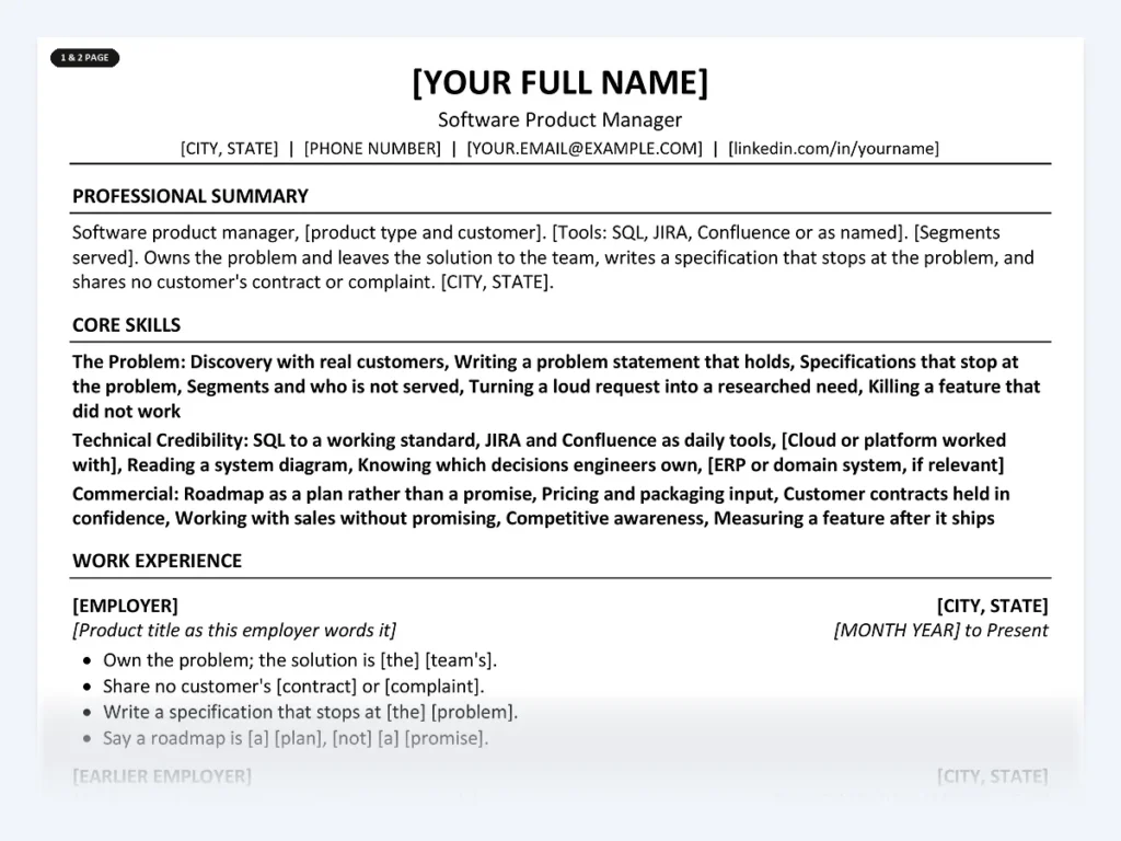 Software Product Manager resume template, one page, ATS-friendly layout