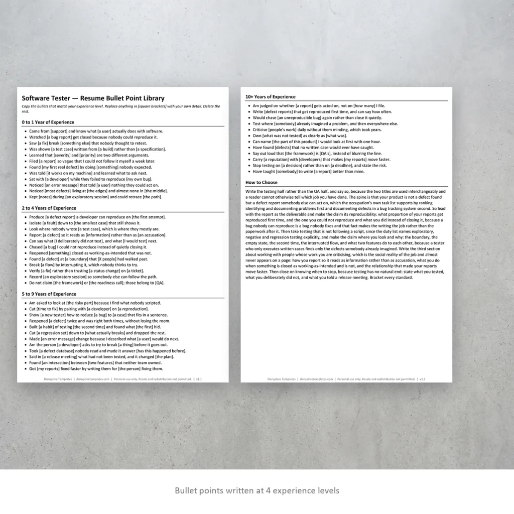 Software Tester resume bullet points written at four experience levels