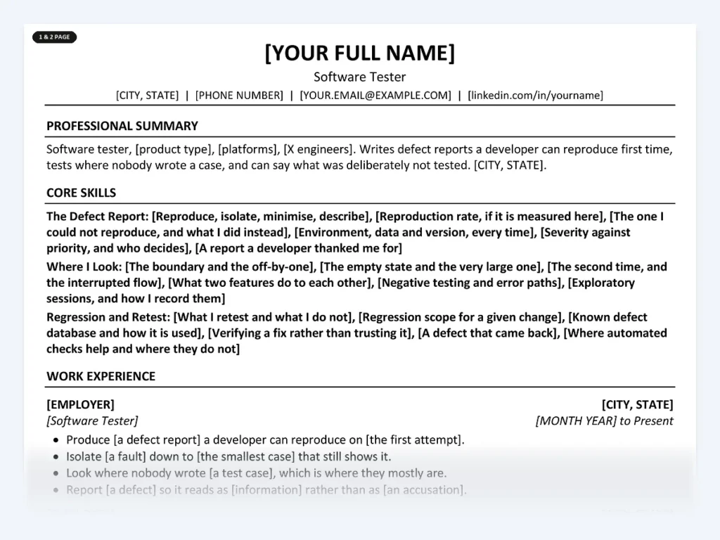 Software Tester resume template, one page, ATS-friendly layout