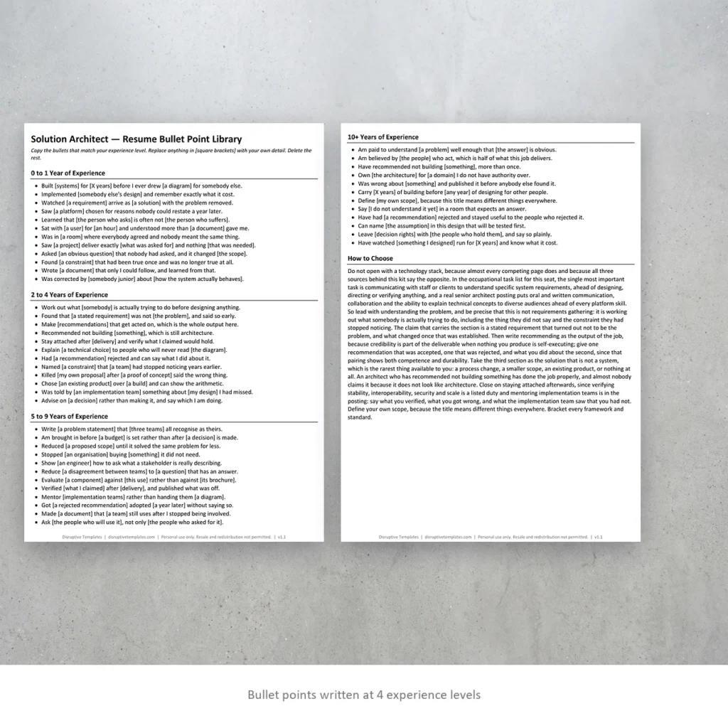 Solution Architect resume bullet points written at four experience levels