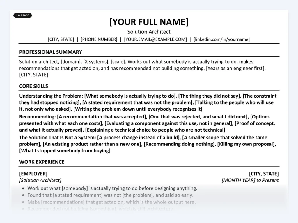 Solution Architect resume template, one page, ATS-friendly layout