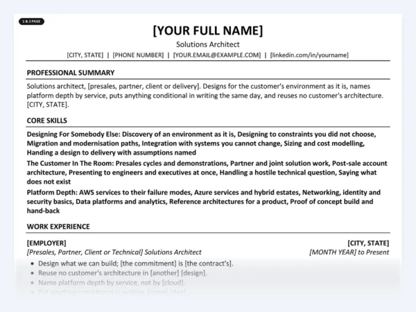 Solutions Architect resume template, one page, ATS-friendly layout