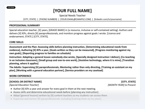 Special Needs Teacher resume template, one page, ATS-friendly layout