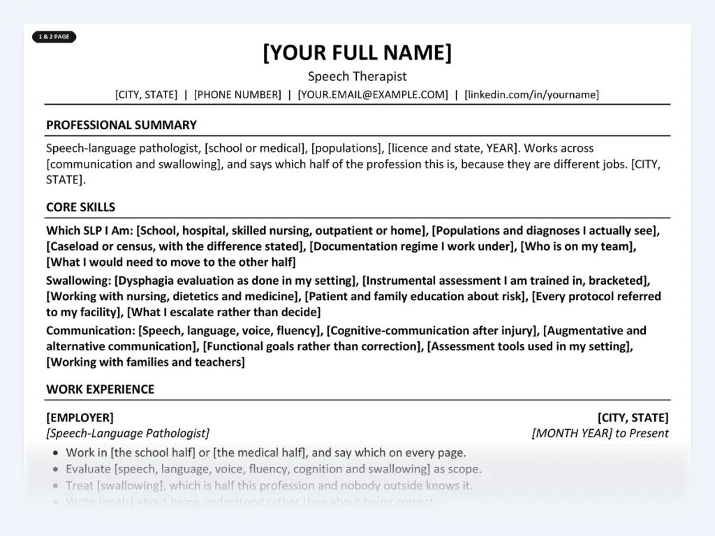 Speech Therapist resume template, one page, ATS-friendly layout