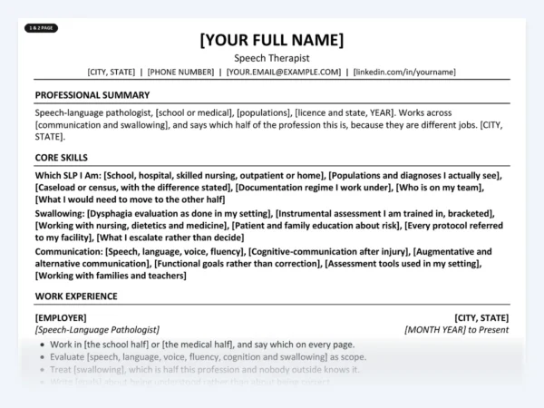 Speech Therapist resume template, one page, ATS-friendly layout