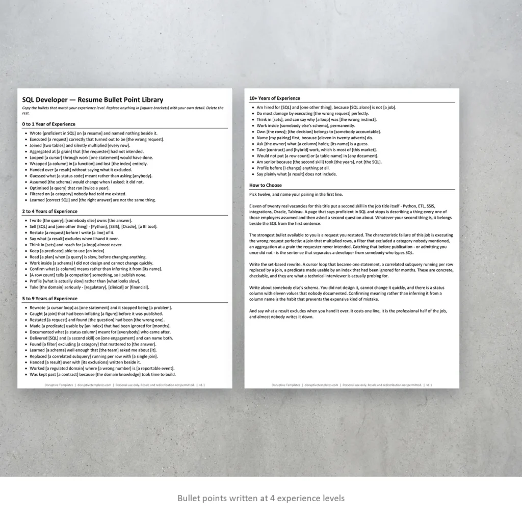 SQL Developer resume bullet points written at four experience levels