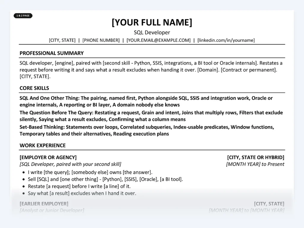 SQL Developer resume template, one page, ATS-friendly layout