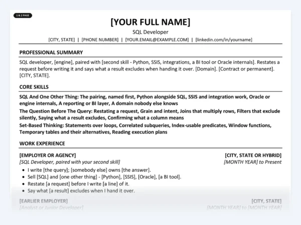 SQL Developer resume template, one page, ATS-friendly layout