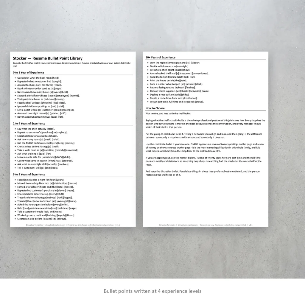 Stocker resume bullet points written at four experience levels