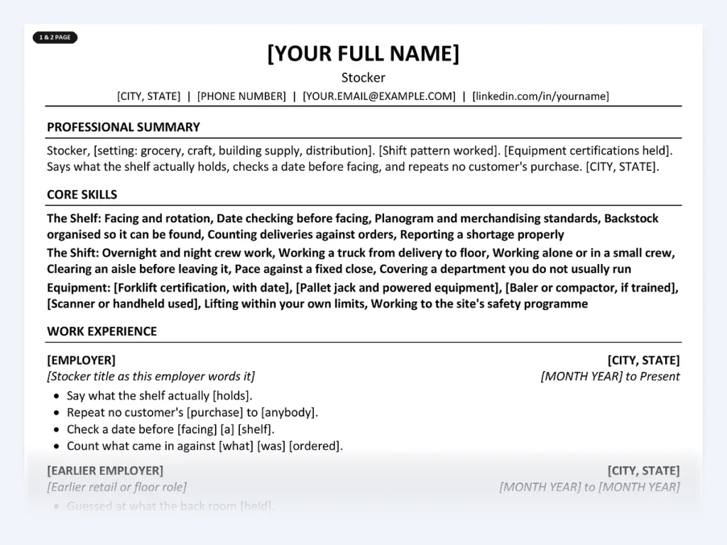 Stocker resume template, one page, ATS-friendly layout