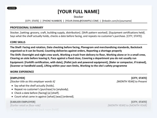 Stocker resume template, one page, ATS-friendly layout
