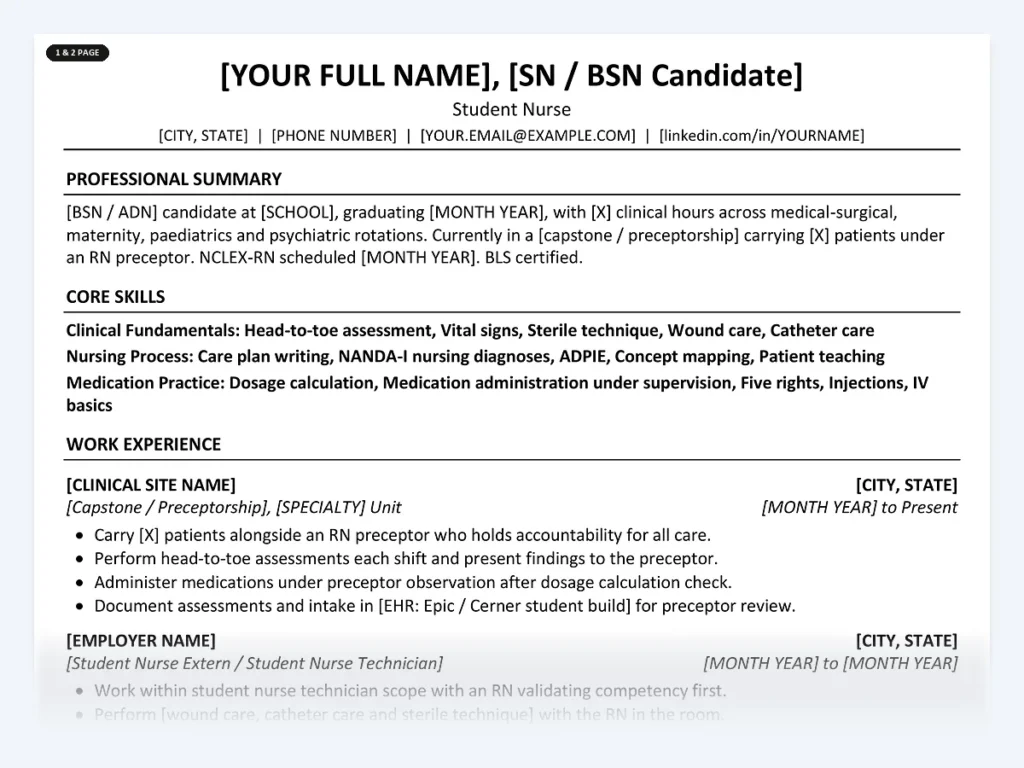 Student Nurse resume template, one page, ATS-friendly layout