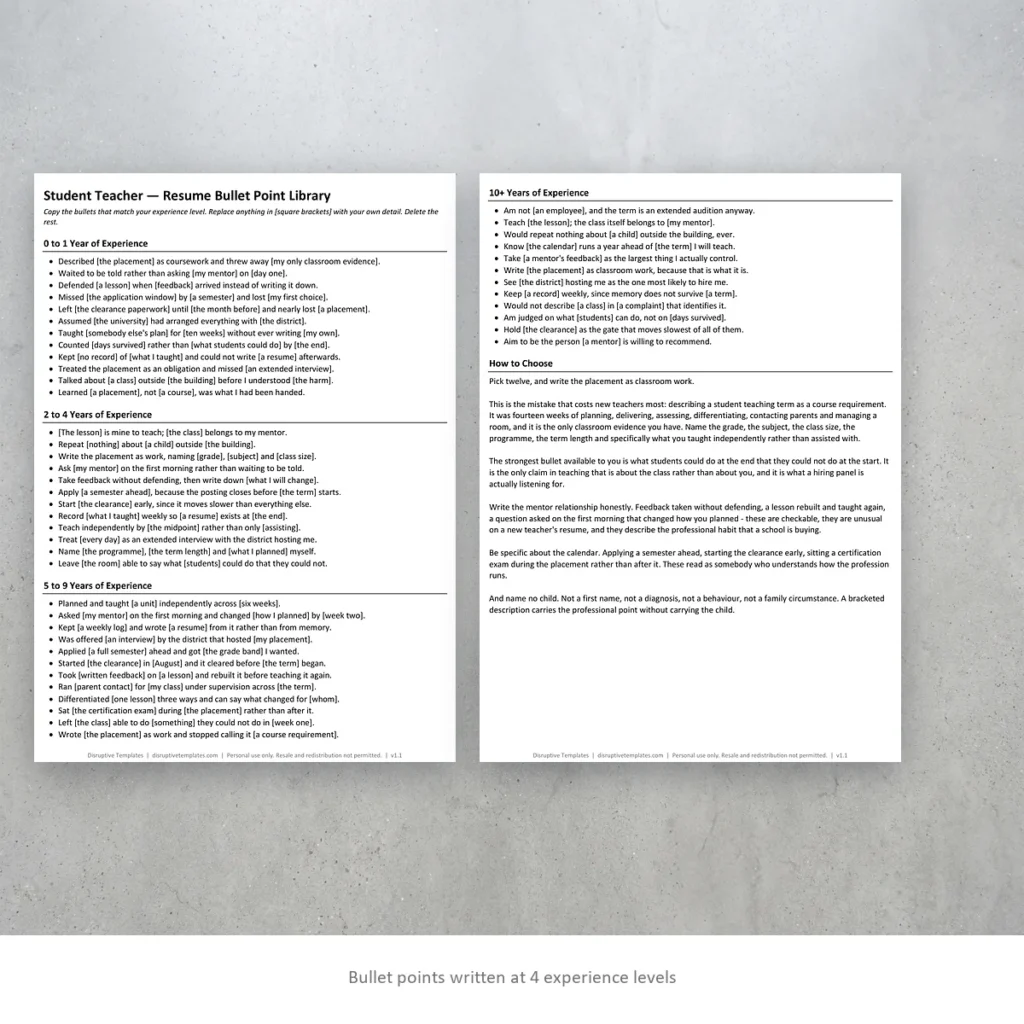 Student Teacher resume bullet points written at four experience levels