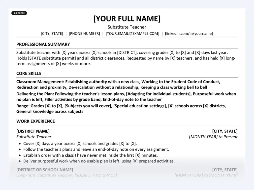 Substitute Teacher resume template, one page, ATS-friendly layout