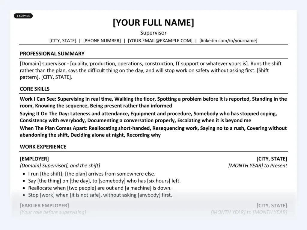 Supervisor resume template, one page, ATS-friendly layout