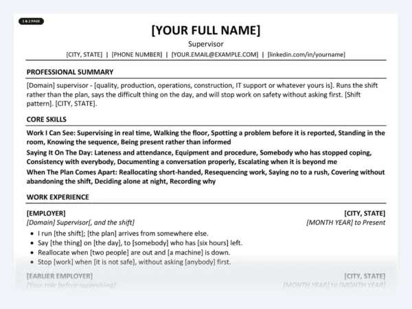 Supervisor resume template, one page, ATS-friendly layout