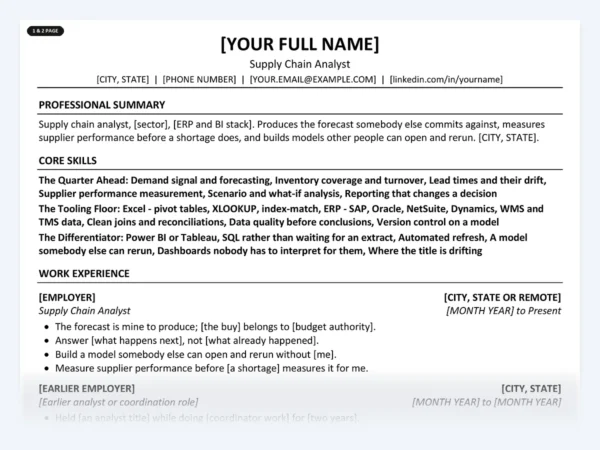 Supply Chain Analyst resume template, one page, ATS-friendly layout