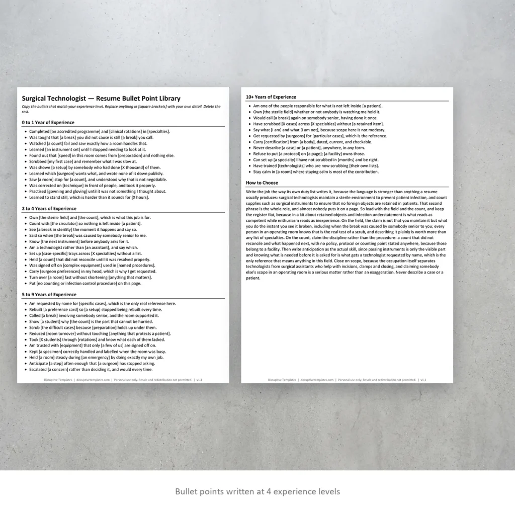 Surgical Technologist resume bullet points written at four experience levels