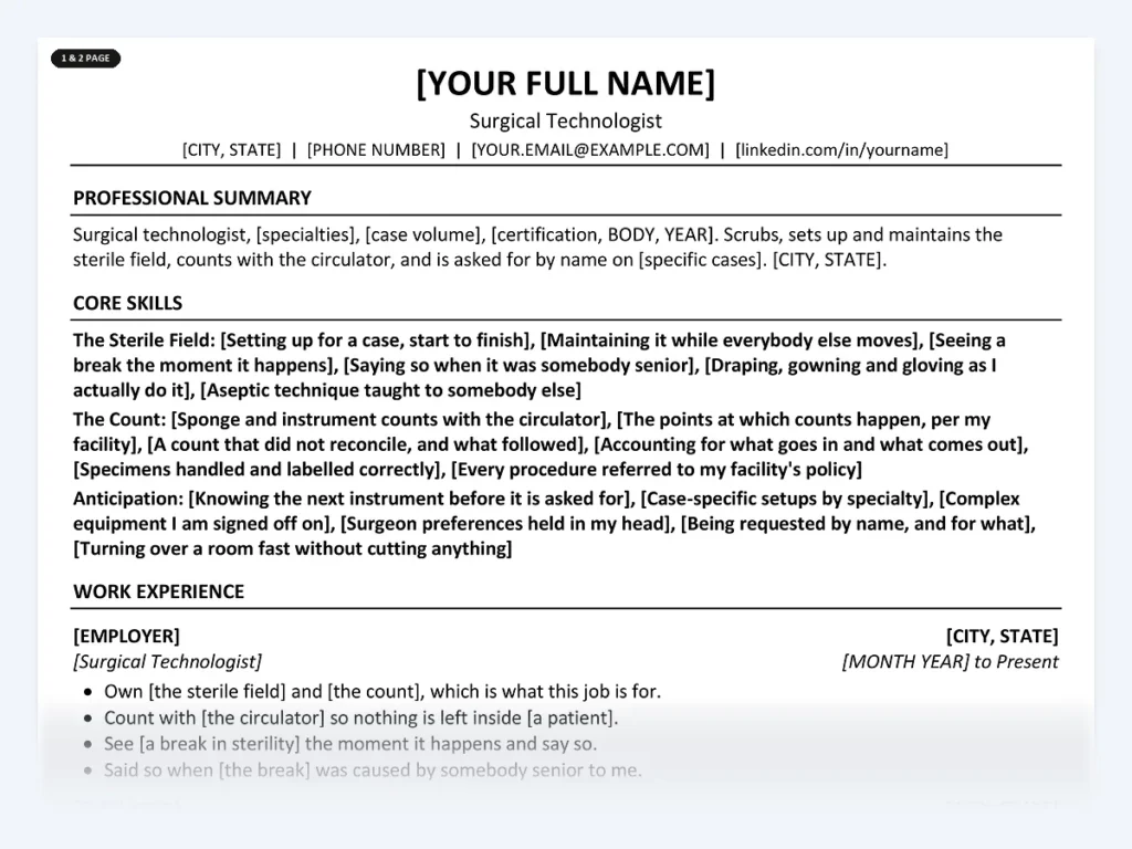 Surgical Technologist resume template, one page, ATS-friendly layout