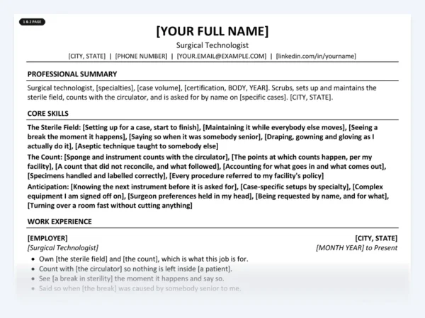 Surgical Technologist resume template, one page, ATS-friendly layout