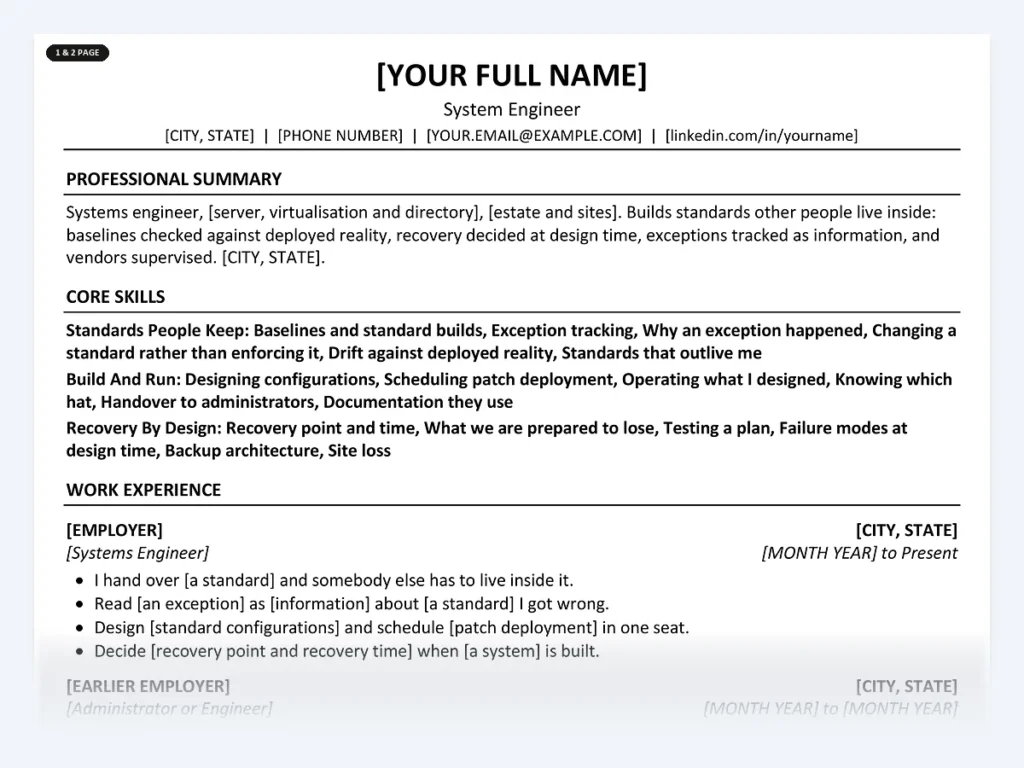 System Engineer resume template, one page, ATS-friendly layout