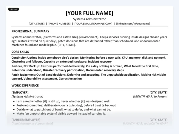 Systems Administrator resume template, one page, ATS-friendly layout