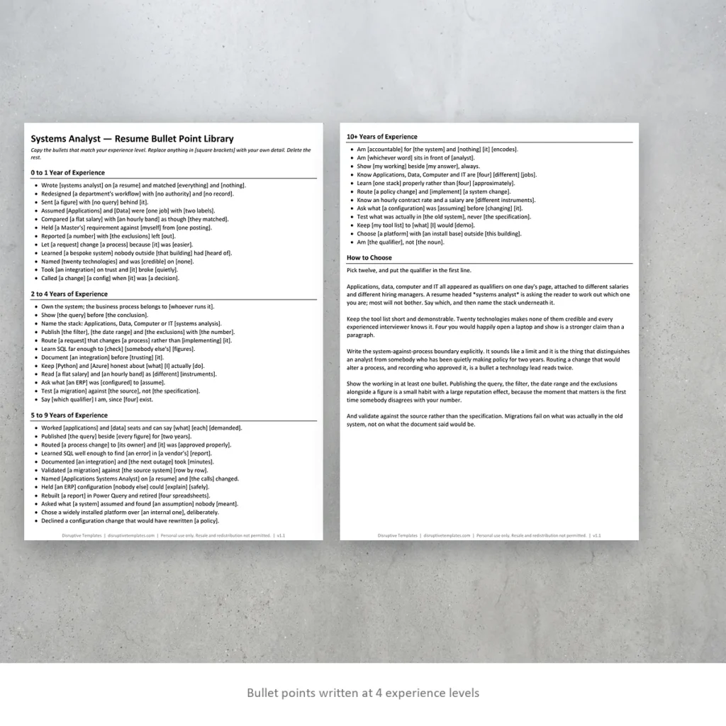 Systems Analyst resume bullet points written at four experience levels
