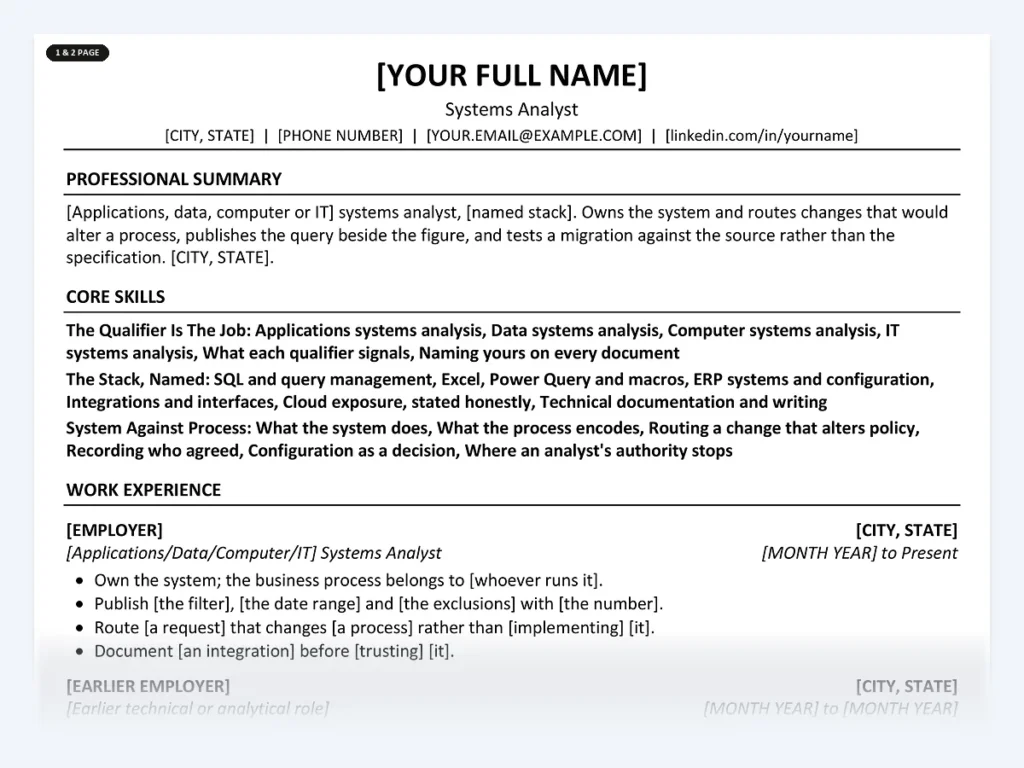 Systems Analyst resume template, one page, ATS-friendly layout
