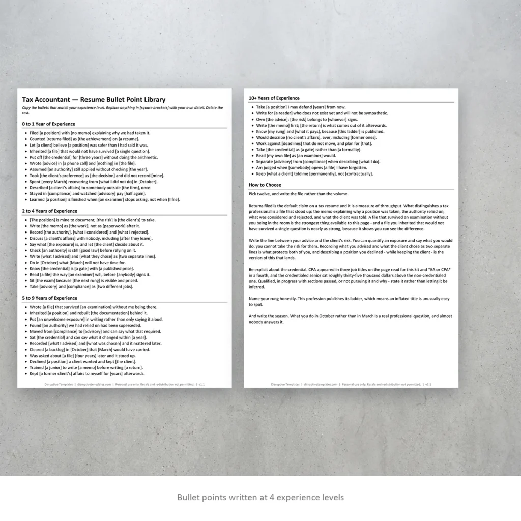 Tax Accountant resume bullet points written at four experience levels