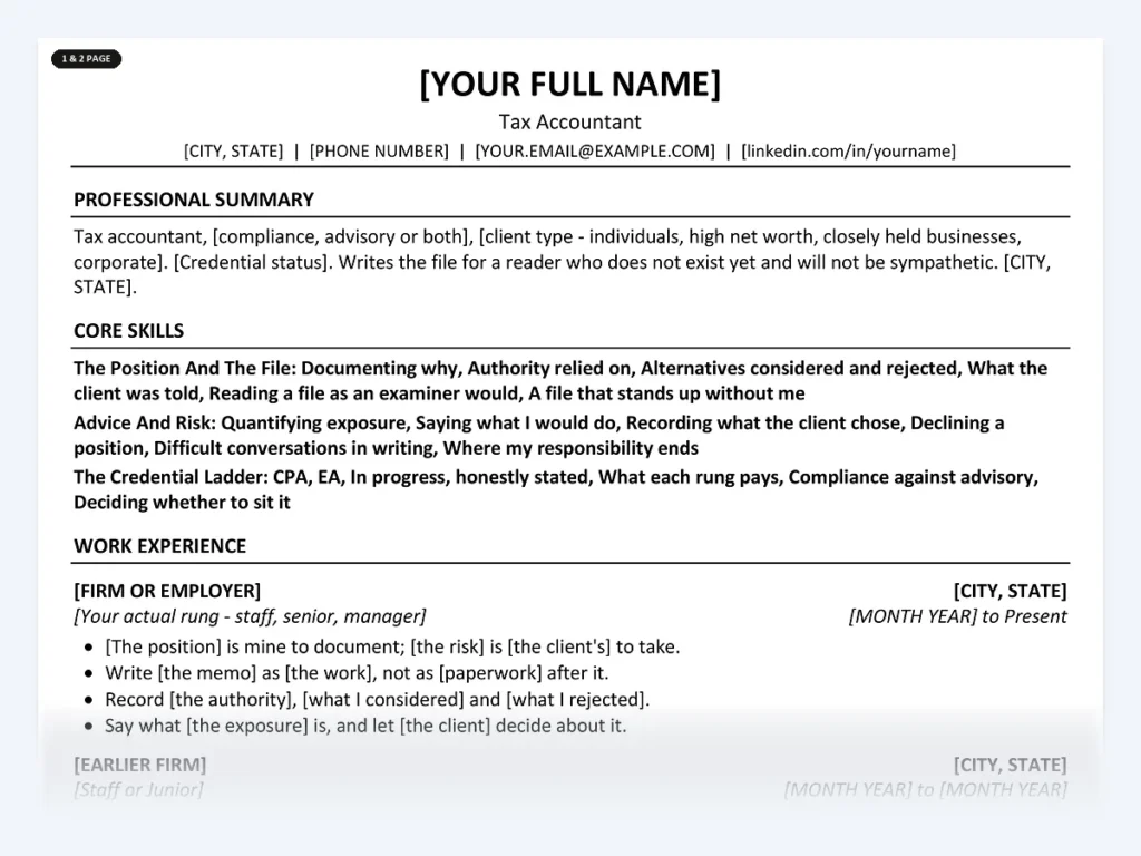 Tax Accountant resume template, one page, ATS-friendly layout