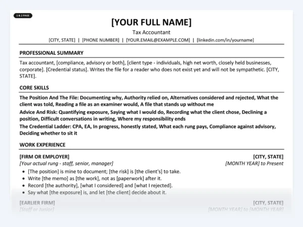 Tax Accountant resume template, one page, ATS-friendly layout
