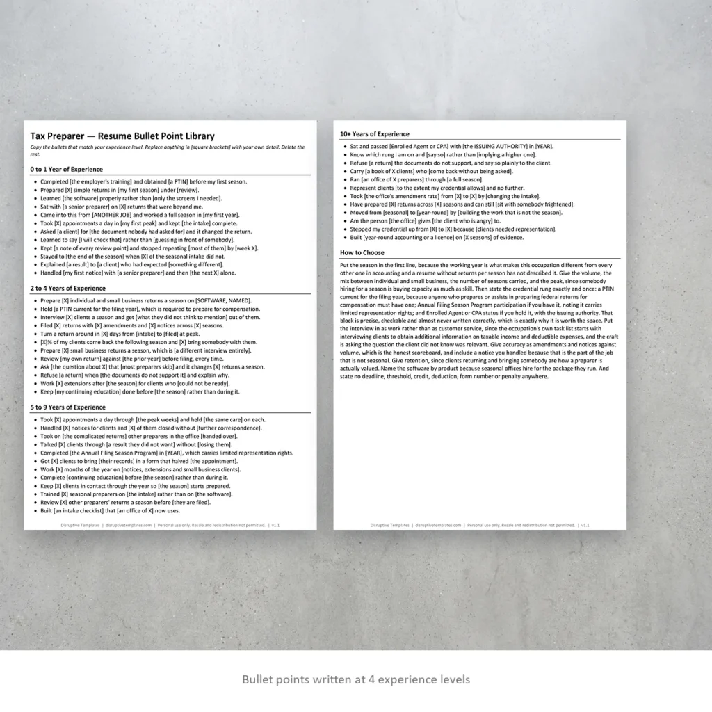 Tax Preparer resume bullet points written at four experience levels