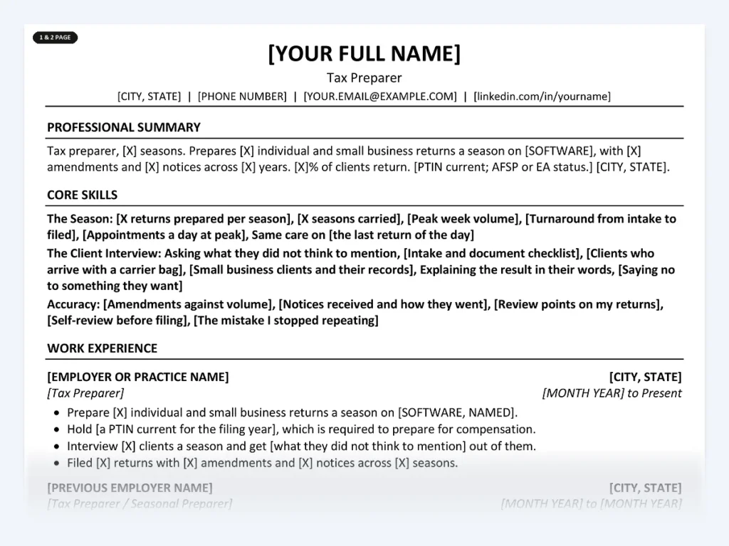Tax Preparer resume template, one page, ATS-friendly layout