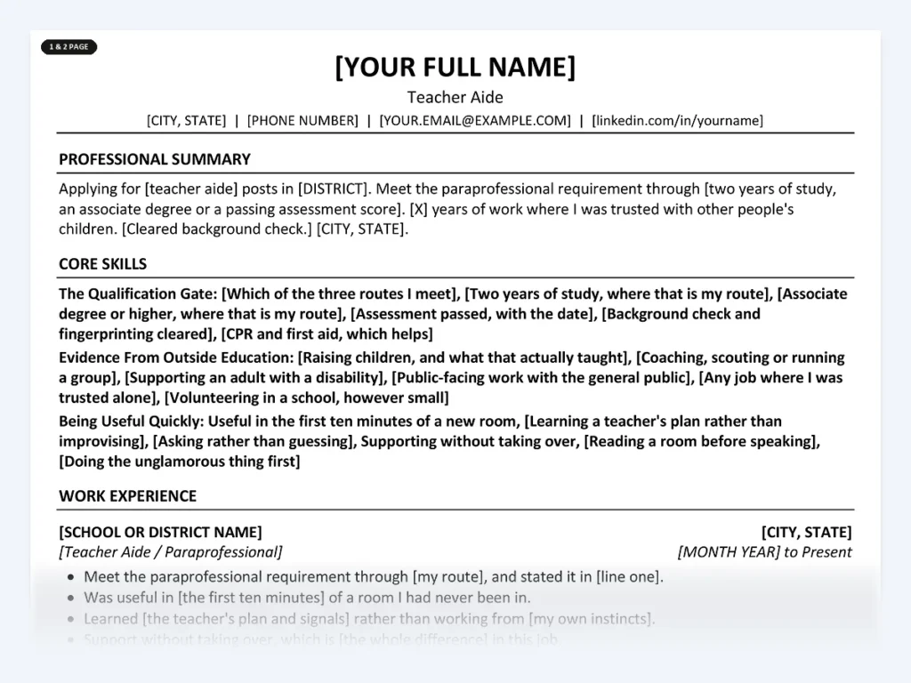 Teacher Aide resume template, one page, ATS-friendly layout
