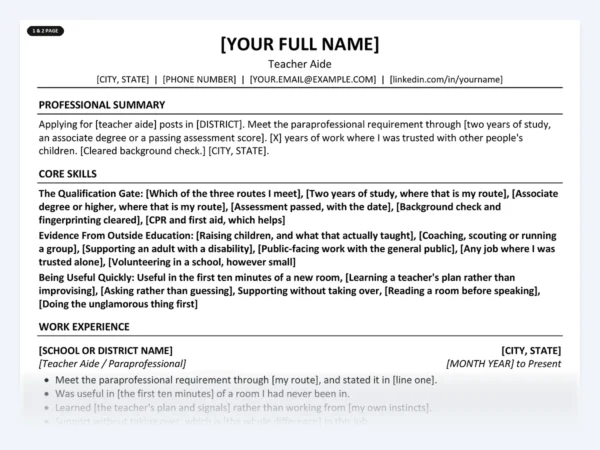 Teacher Aide resume template, one page, ATS-friendly layout