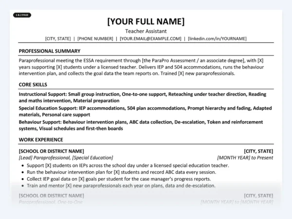 Teacher Assistant resume template, one page, ATS-friendly layout
