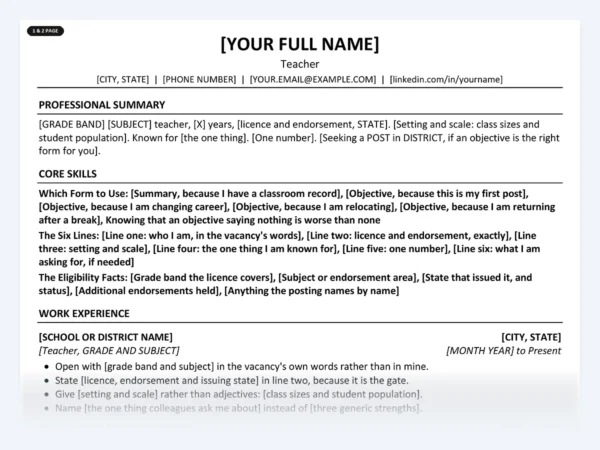 Teacher resume template, one page, ATS-friendly layout