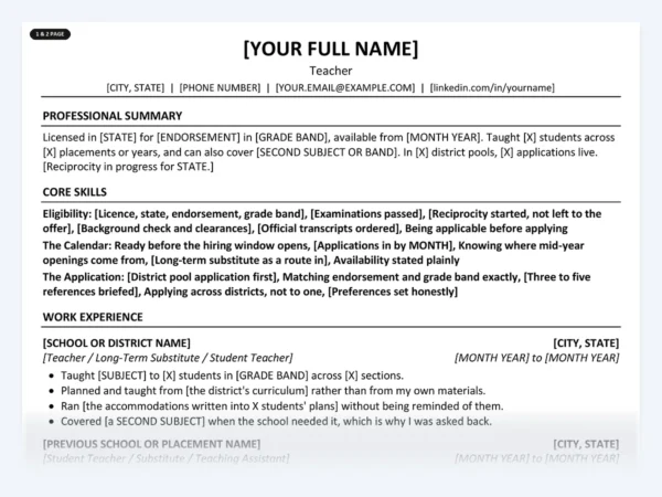 Teacher resume template, one page, ATS-friendly layout