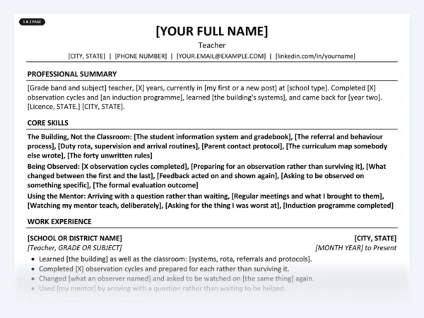 Teacher resume template, one page, ATS-friendly layout