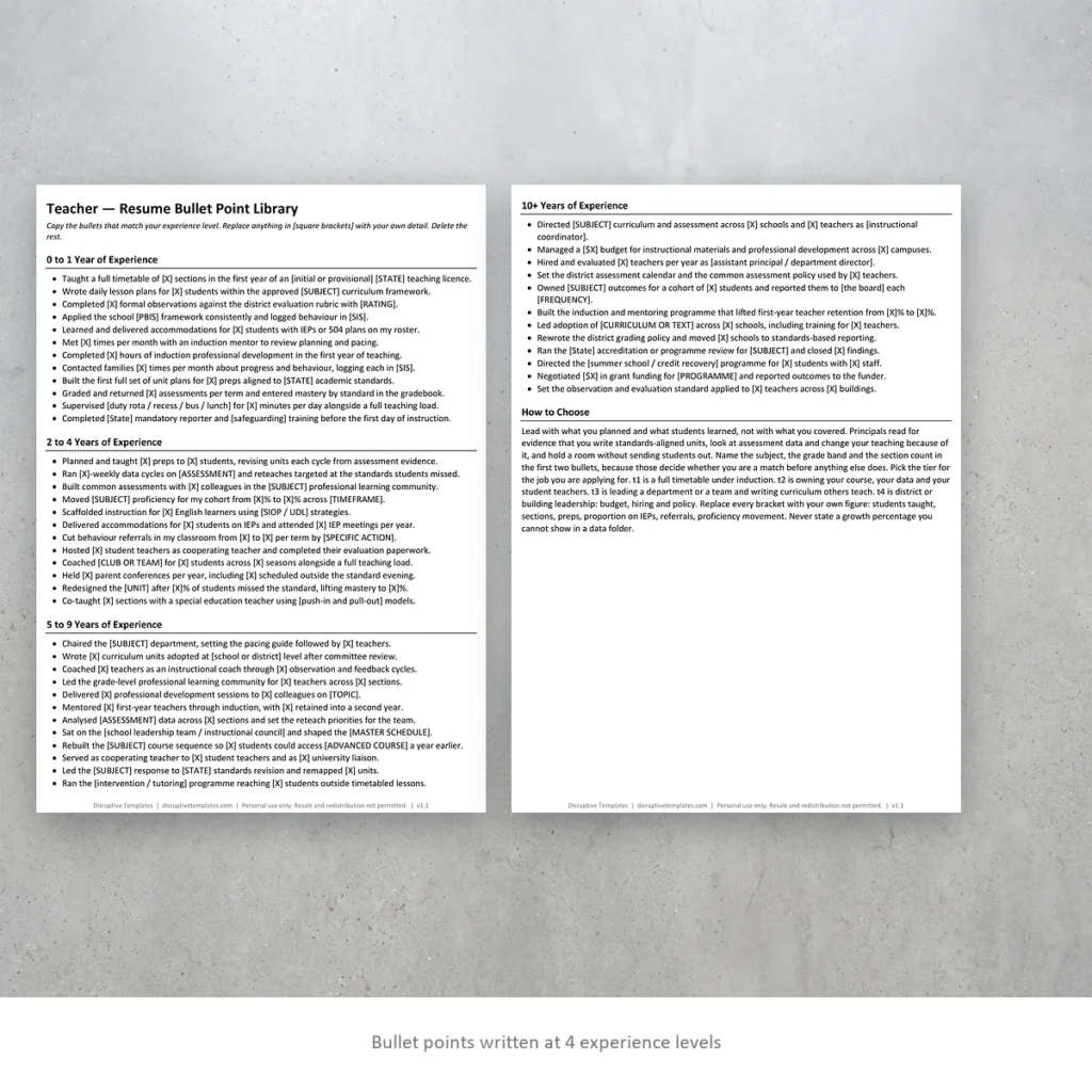 Teacher resume bullet points written at four experience levels