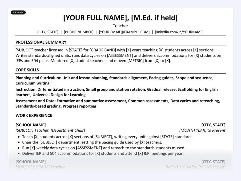 Teacher resume template, one page, ATS-friendly layout