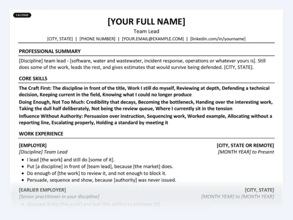 Team Lead resume template, one page, ATS-friendly layout