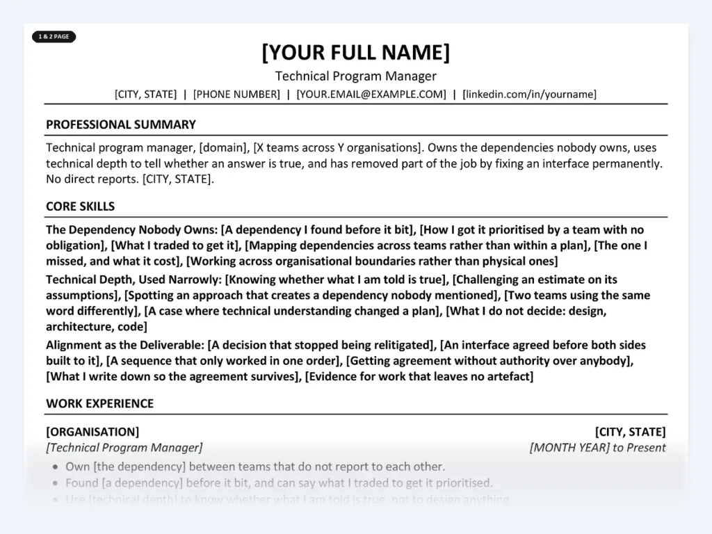 Technical Program Manager resume template, one page, ATS-friendly layout