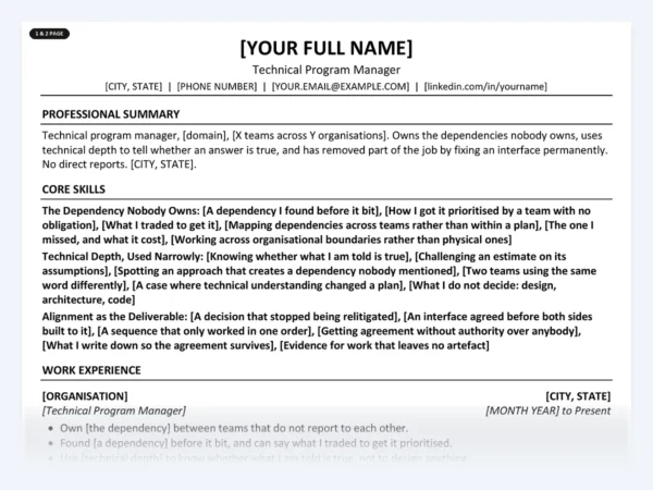 Technical Program Manager resume template, one page, ATS-friendly layout