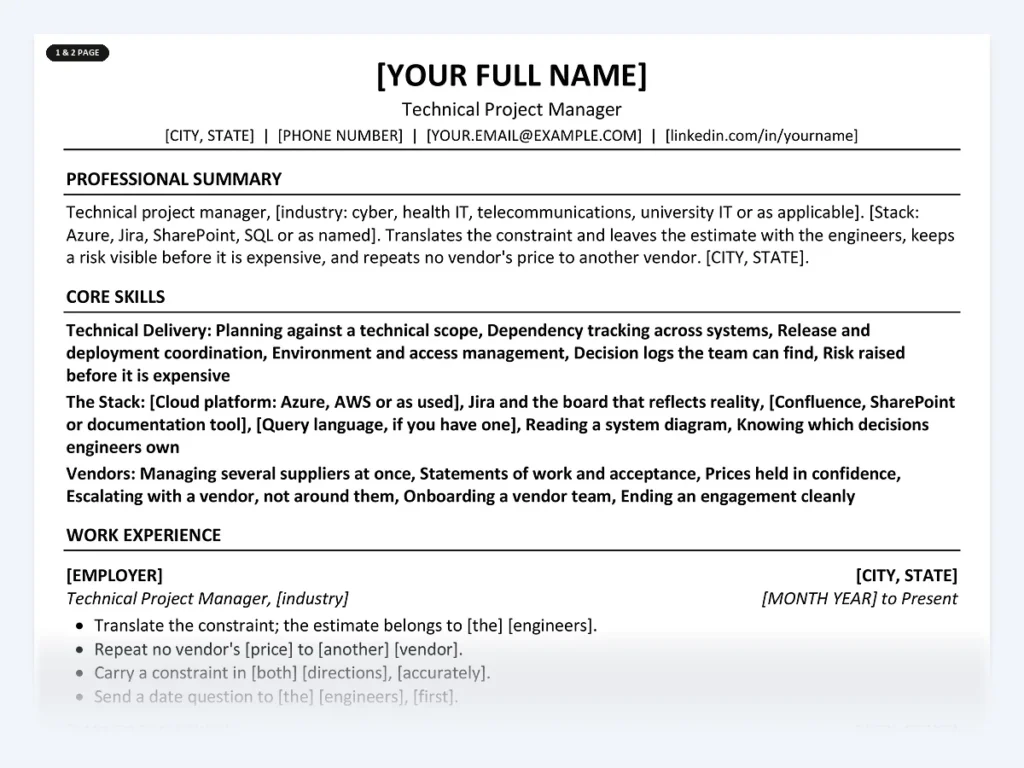 Technical Project Manager resume template, one page, ATS-friendly layout