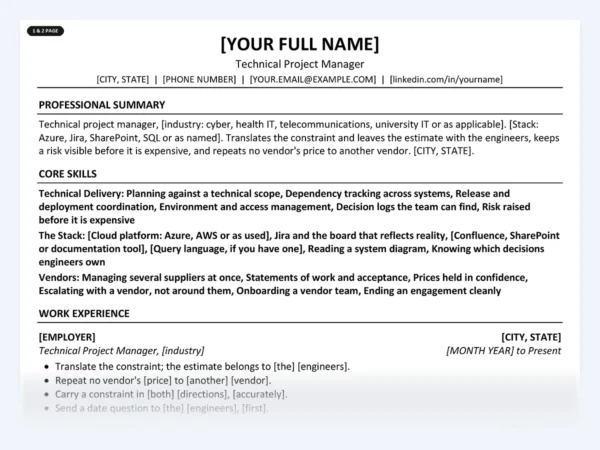 Technical Project Manager resume template, one page, ATS-friendly layout